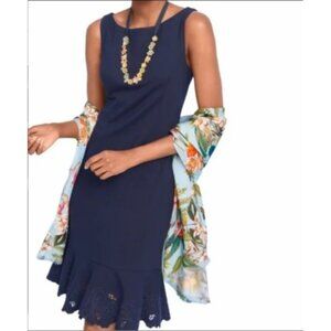 Talbots RSVP Navy Blue Sleeveless Sheath Dress Cut Out Ruffle Hem Sz 8P Cocktail